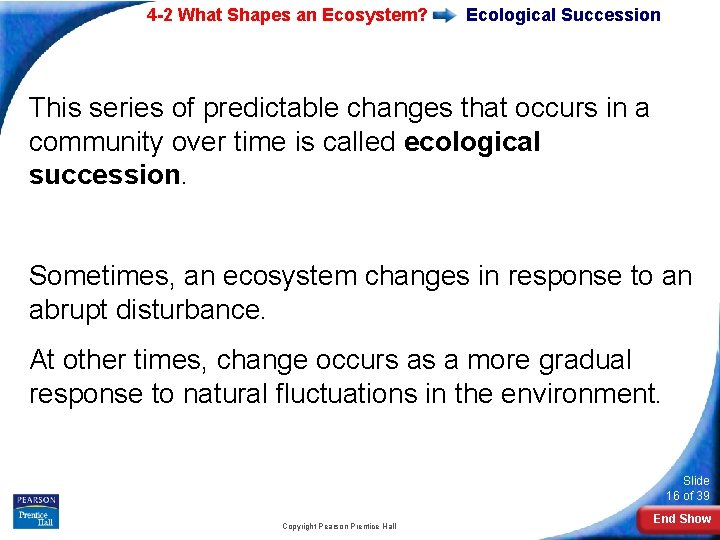 4 -2 What Shapes an Ecosystem? Ecological Succession This series of predictable changes that