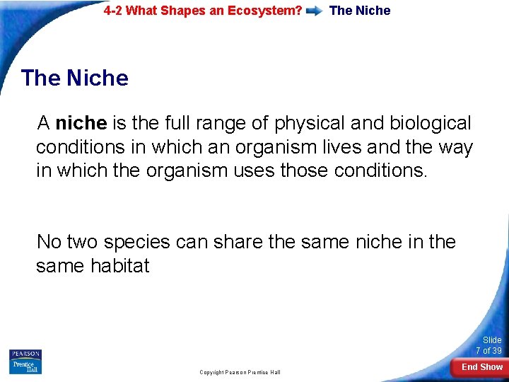 4 -2 What Shapes an Ecosystem? The Niche A niche is the full range