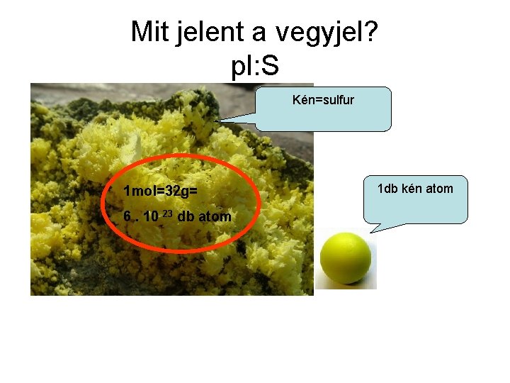 Mit jelent a vegyjel? pl: S Kén=sulfur 1 mol=32 g= 6. 10 23 db