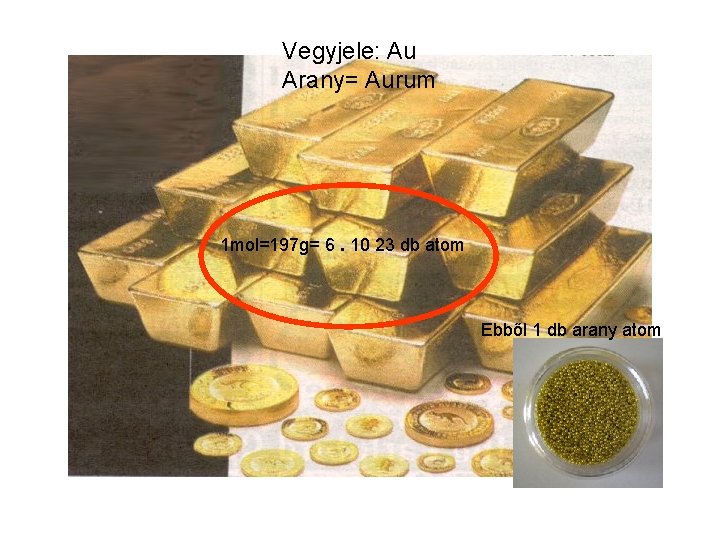 Vegyjele: Au Arany= Aurum 1 mol=197 g= 6. 10 23 db atom Ebből 1