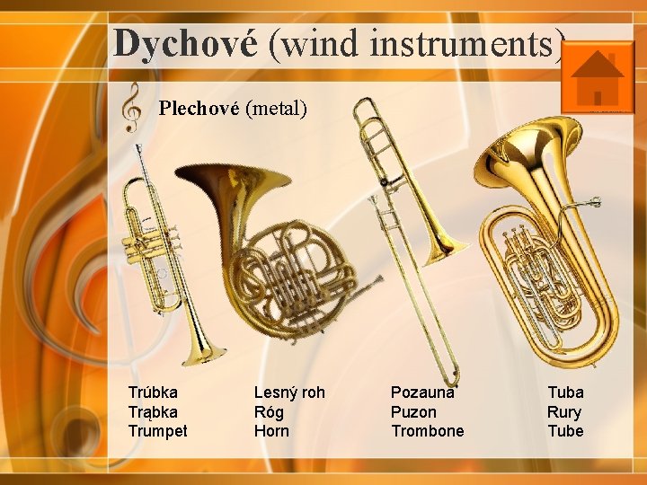Dychové (wind instruments) Plechové (metal) Trúbka Trąbka Trumpet Lesný roh Róg Horn Pozauna Puzon