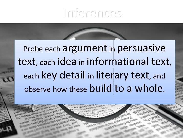 Inferences Probe each argument in persuasive text, each idea in informational text, each key