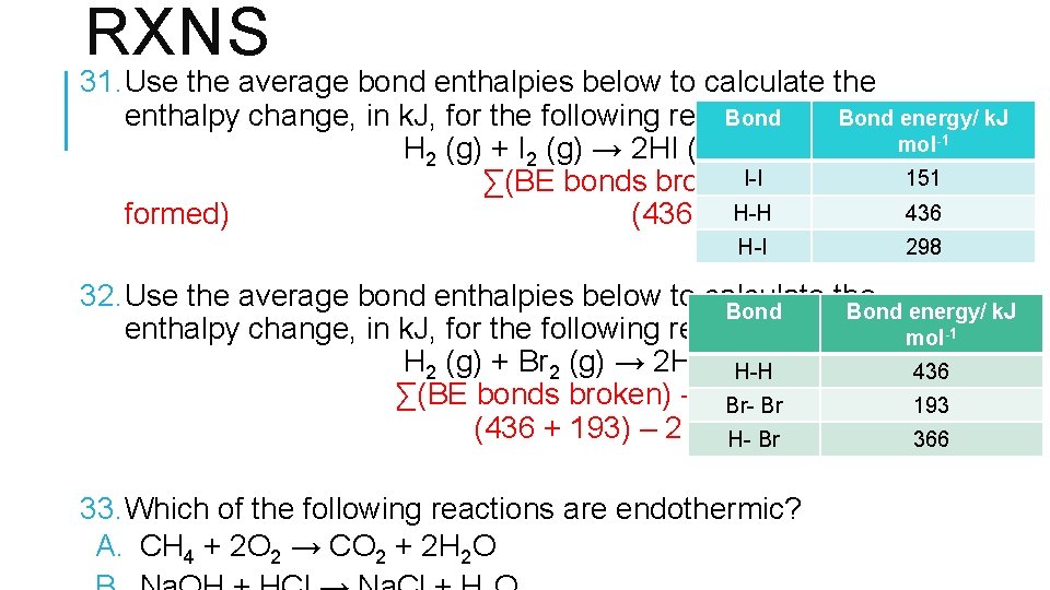 RXNS 31. Use the average bond enthalpies below to calculate the enthalpy change, in