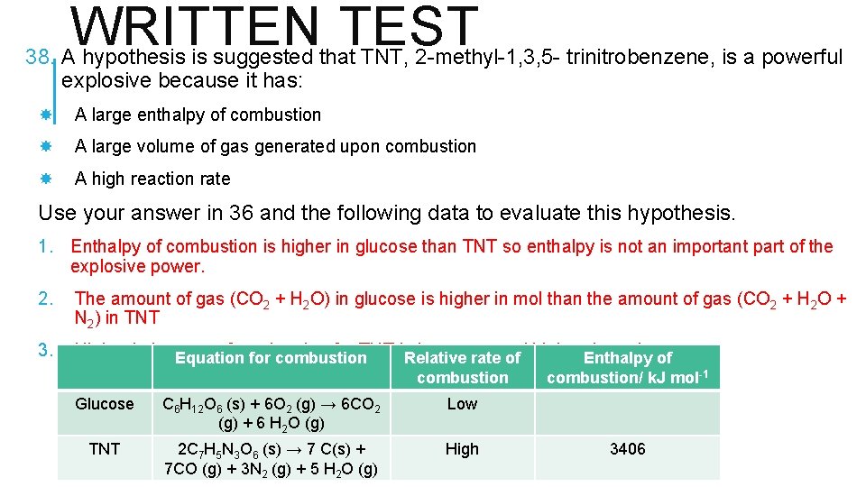 WRITTEN TEST 38. A hypothesis is suggested that TNT, 2 -methyl-1, 3, 5 -