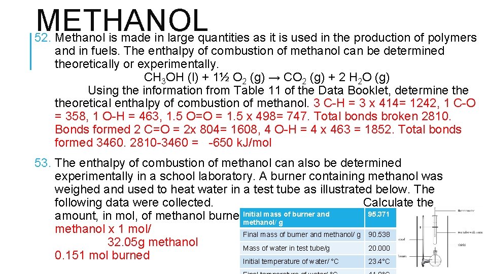 METHANOL 52. Methanol is made in large quantities as it is used in the