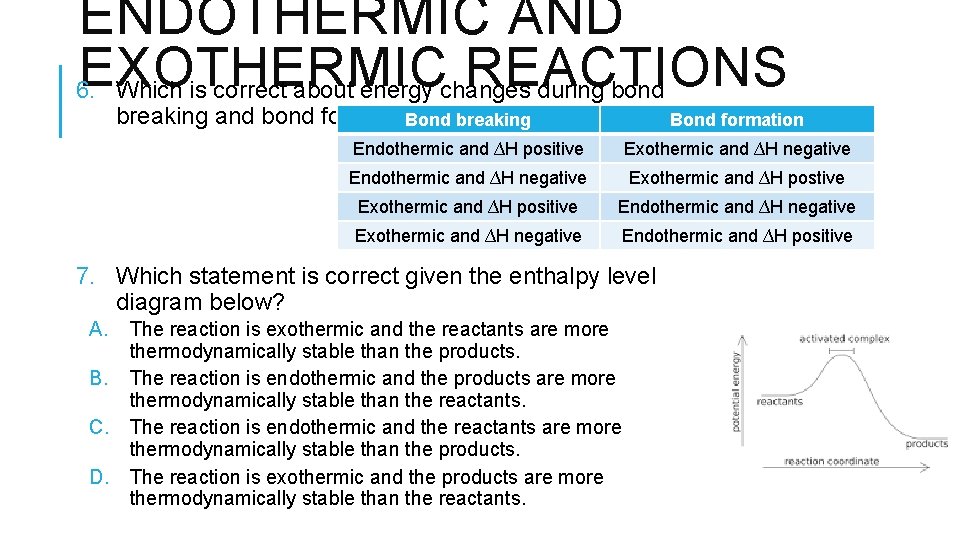 ENDOTHERMIC AND EXOTHERMIC REACTIONS 6. Which is correct about energy changes during bond breaking
