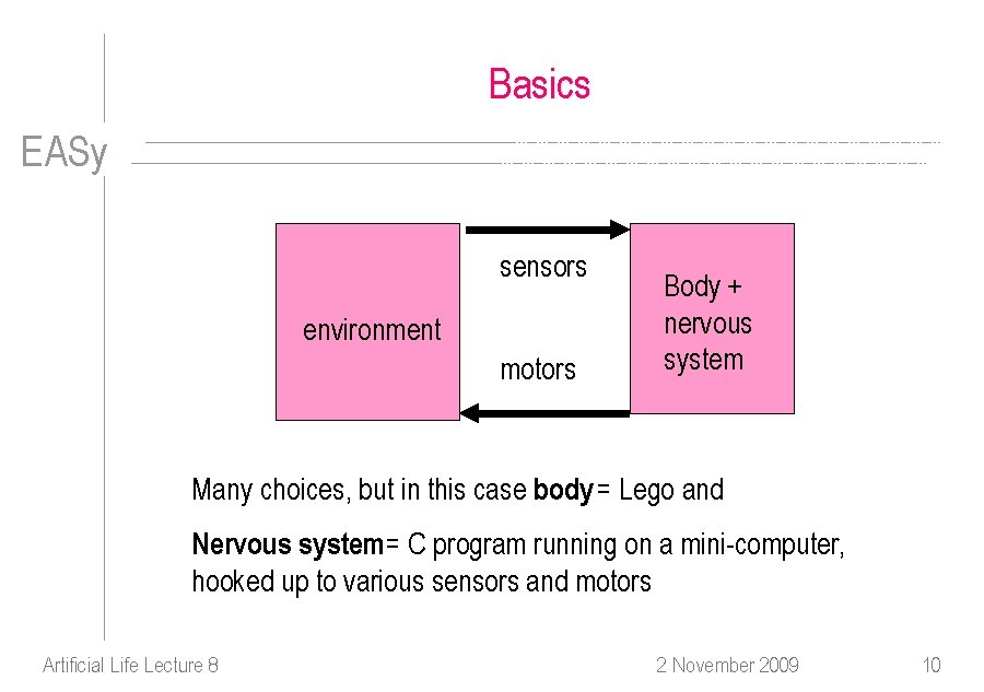 Basics EASy sensors environment motors Body + nervous system Many choices, but in this