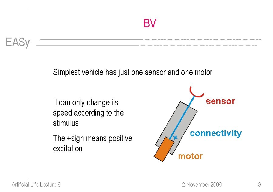 BV EASy Simplest vehicle has just one sensor and one motor It can only