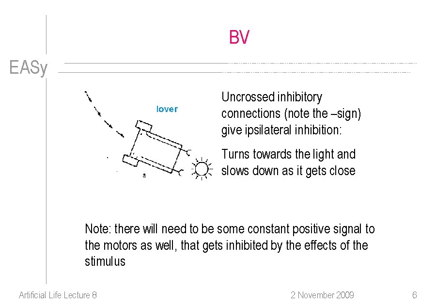 BV EASy Uncrossed inhibitory connections (note the –sign) give ipsilateral inhibition: Turns towards the