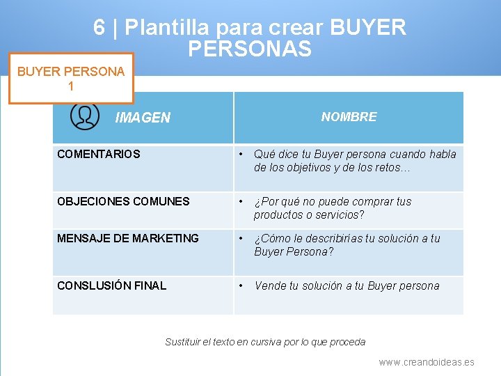 6 | Plantilla para crear BUYER PERSONAS BUYER PERSONA 1 NOMBRE IMAGEN COMENTARIOS •