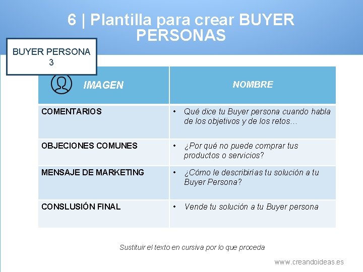 6 | Plantilla para crear BUYER PERSONAS BUYER PERSONA 3 NOMBRE IMAGEN COMENTARIOS •