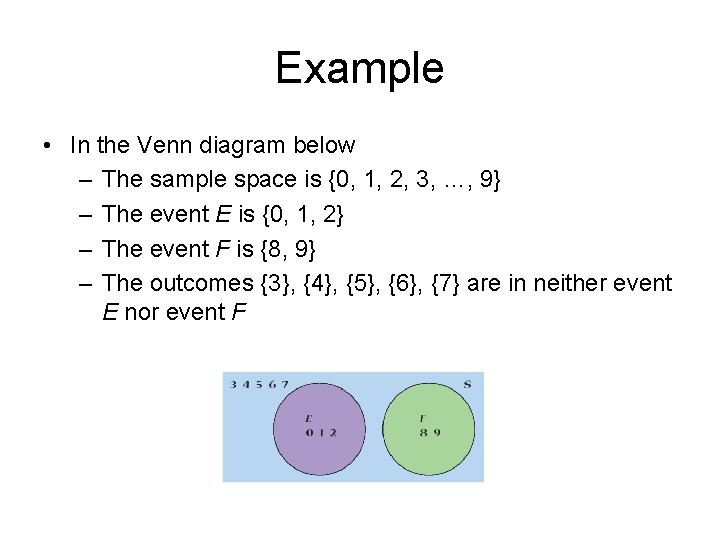 Example • In the Venn diagram below – The sample space is {0, 1,