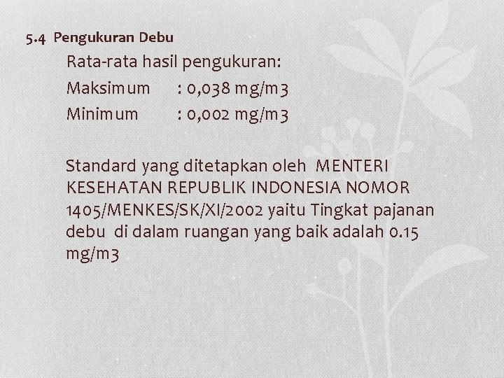 5. 4 Pengukuran Debu Rata-rata hasil pengukuran: Maksimum : 0, 038 mg/m 3 Minimum