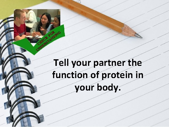 Tell your partner the function of protein in your body. 