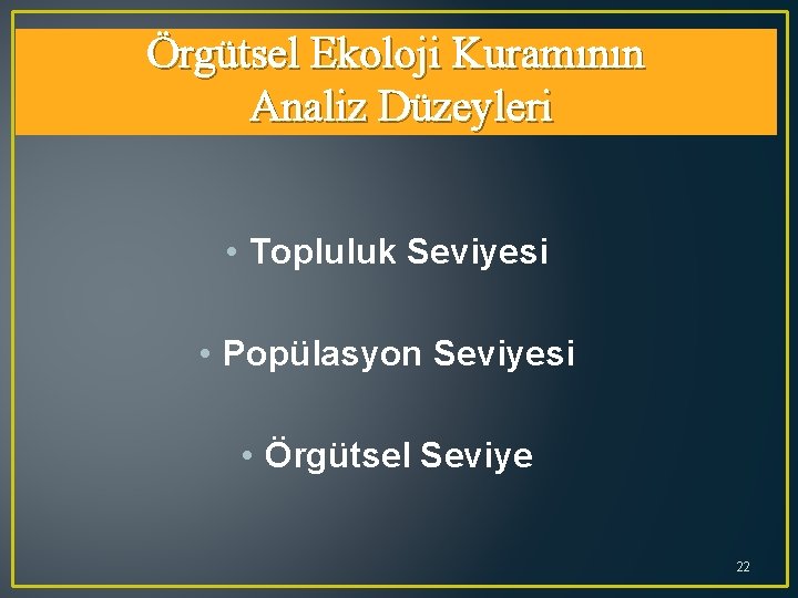 Örgütsel Ekoloji Kuramının Analiz Düzeyleri • Topluluk Seviyesi • Popülasyon Seviyesi • Örgütsel Seviye