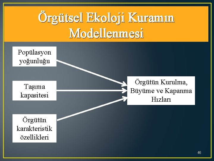 Örgütsel Ekoloji Kuramın Modellenmesi Popülasyon yoğunluğu Taşıma kapasitesi Örgütün Kurulma, Büyüme ve Kapanma Hızları