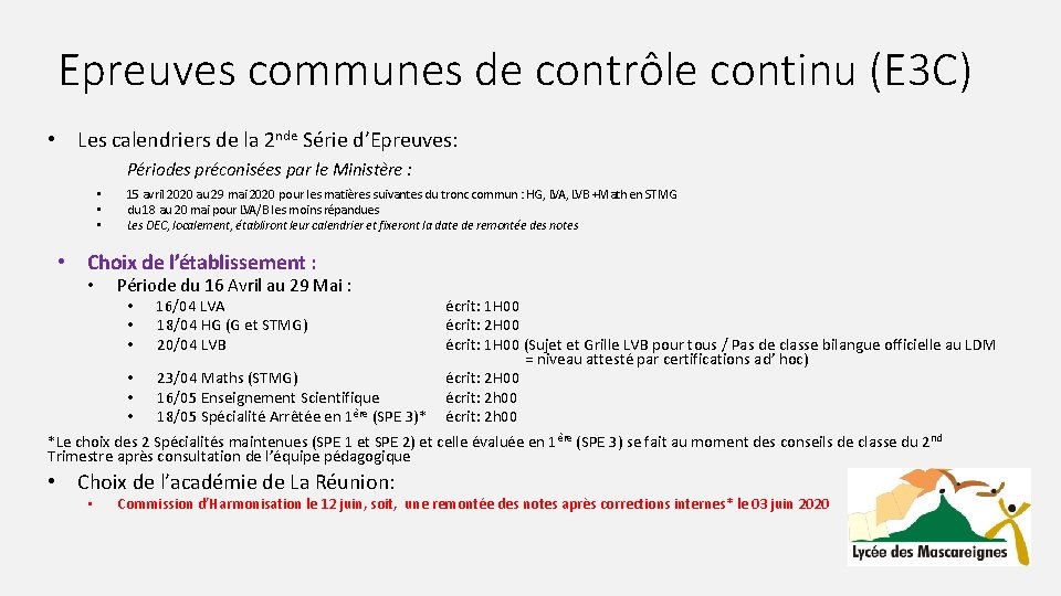 Epreuves communes de contrôle continu (E 3 C) • Les calendriers de la 2