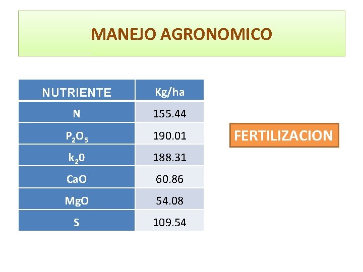 MANEJO AGRONOMICO NUTRIENTE Kg/ha N 155. 44 P 2 O 5 190. 01 k