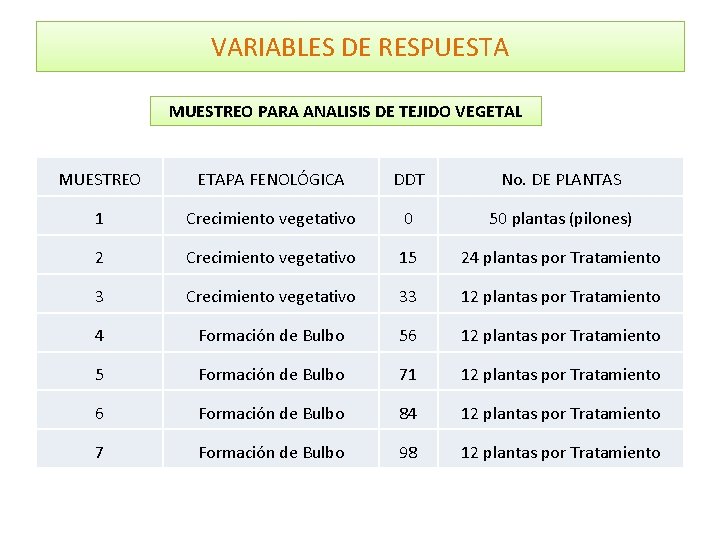 VARIABLES DE RESPUESTA MUESTREO PARA ANALISIS DE TEJIDO VEGETAL MUESTREO ETAPA FENOLÓGICA DDT No.