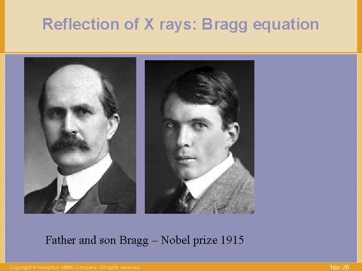 Reflection of X rays: Bragg equation Father and son Bragg – Nobel prize 1915