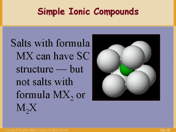Simple Ionic Compounds Salts with formula MX can have SC structure — but not