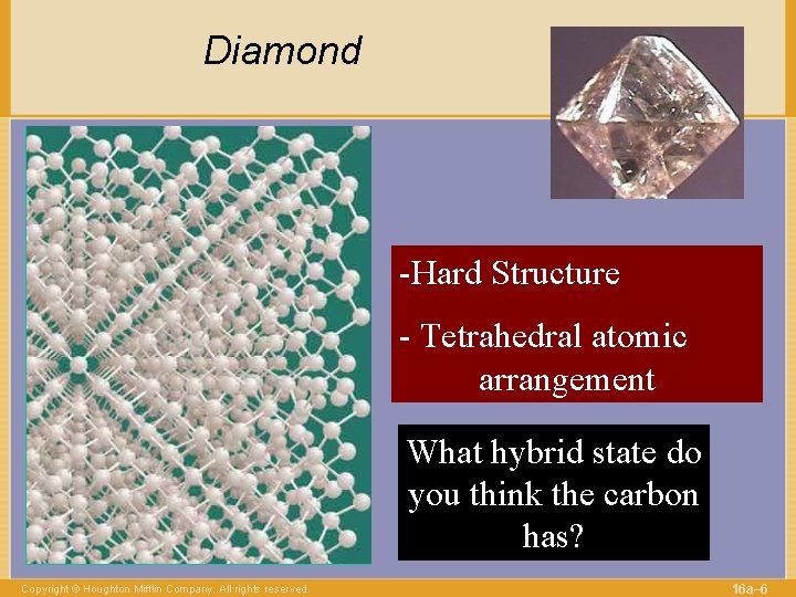 Diamond -Hard Structure - Tetrahedral atomic arrangement What hybrid state do you think the