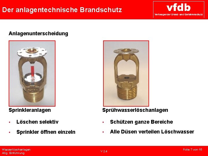 Der anlagentechnische Brandschutz Anlagenunterscheidung Sprinkleranlagen Sprühwasserlöschanlagen • Löschen selektiv • Schützen ganze Bereiche •