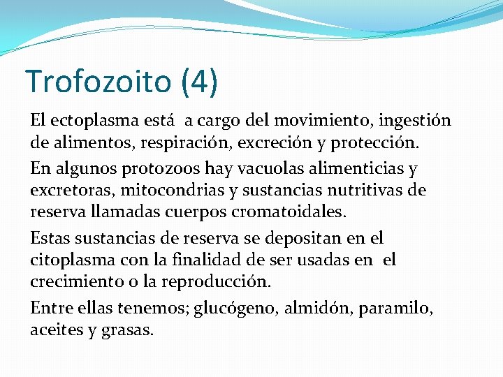 Trofozoito (4) El ectoplasma está a cargo del movimiento, ingestión de alimentos, respiración, excreción