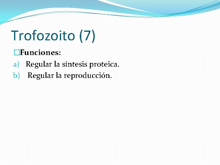 Trofozoito (7) �Funciones: a) Regular la síntesis proteica. b) Regular la reproducción. 