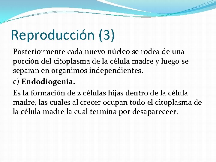 Reproducción (3) Posteriormente cada nuevo núcleo se rodea de una porción del citoplasma de