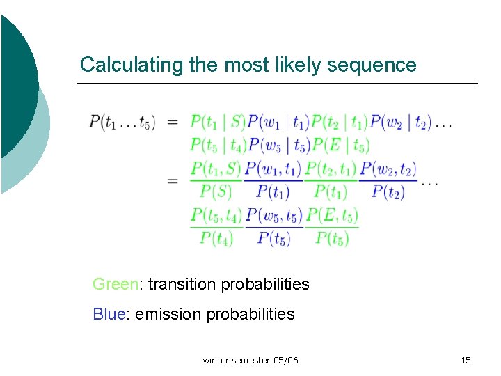 Calculating the most likely sequence Green: transition probabilities Blue: emission probabilities winter semester 05/06