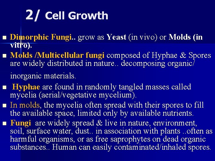 2/ Cell Growth n n n Dimorphic Fungi. . grow as Yeast (in vivo)
