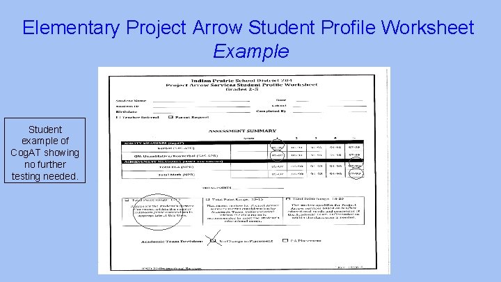 Elementary Project Arrow Student Profile Worksheet Example Student example of Cog. AT showing no