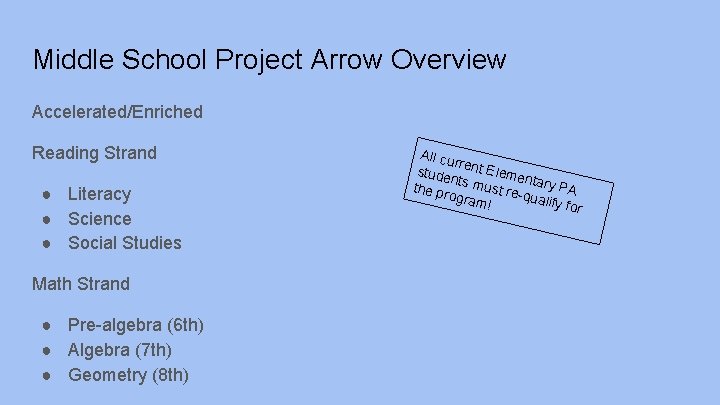 Middle School Project Arrow Overview Accelerated/Enriched Reading Strand ● Literacy ● Science ● Social