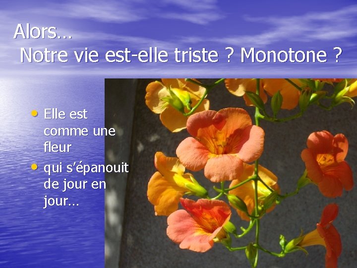 Alors… Notre vie est-elle triste ? Monotone ? • Elle est • comme une