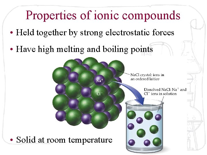 Properties of ionic compounds • Held together by strong electrostatic forces • Have high