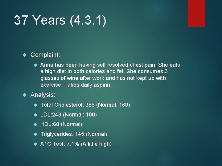 37 Years (4. 3. 1) Complaint: Anna has been having self resolved chest pain.