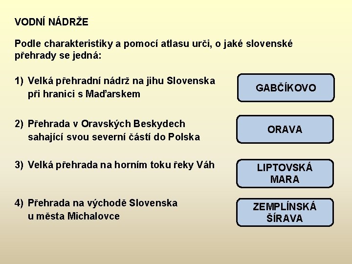 VODNÍ NÁDRŽE Podle charakteristiky a pomocí atlasu urči, o jaké slovenské přehrady se jedná: