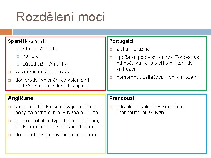 Rozdělení moci Španělé - získali: Střední Amerika Karibik západ Jižní Ameriky vytvořena místokrálovství domorodci: