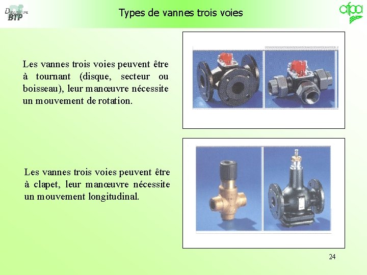 Types de vannes trois voies Les vannes trois voies peuvent être à tournant (disque,