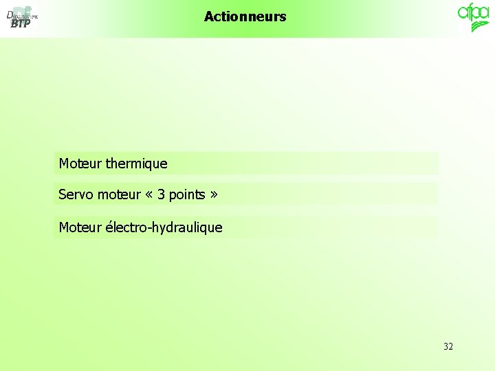 Actionneurs Moteur thermique Servo moteur « 3 points » Moteur électro-hydraulique 32 