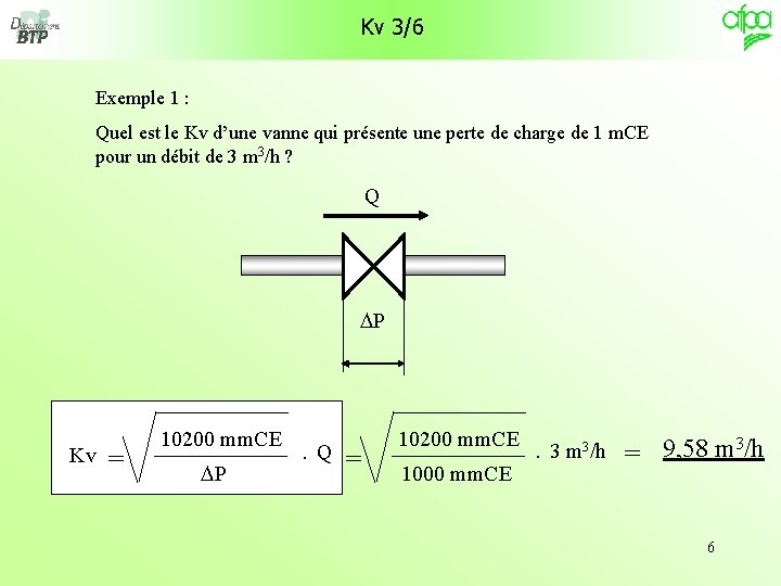  Kv 3/6 Exemple 1 : Quel est le Kv d’une vanne qui présente
