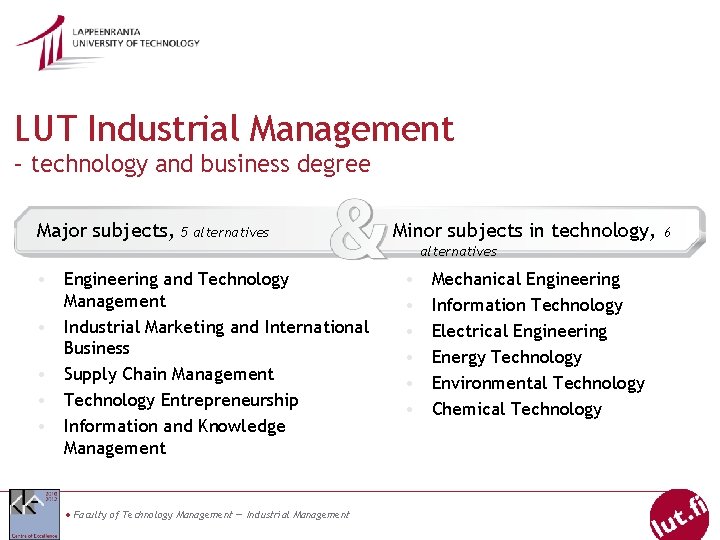 LUT Industrial Management – technology and business degree Major subjects, 5 alternatives Minor subjects