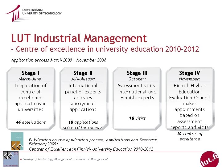 LUT Industrial Management – Centre of excellence in university education 2010 -2012 Application process