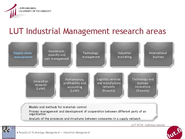 LUT Industrial Management research areas Supply chain management Investment, capacity and cost management Innovation