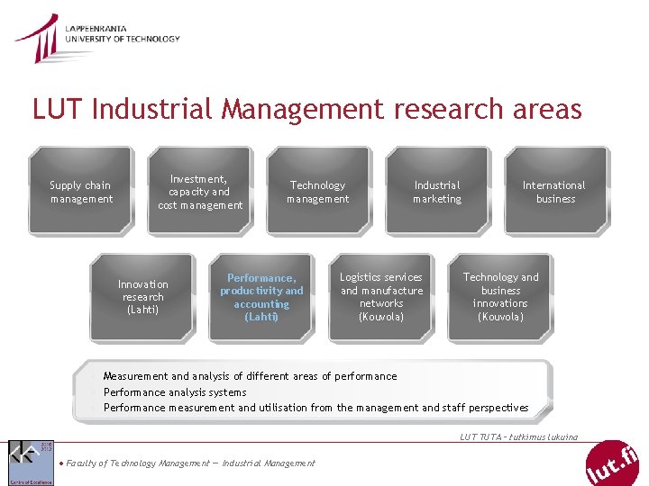 LUT Industrial Management research areas Supply chain management Investment, capacity and cost management Innovation