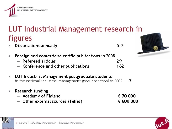LUT Industrial Management research in figures • Dissertations annually 5 -7 • Foreign and