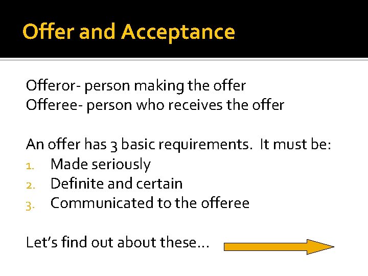 Offer and Acceptance Offeror- person making the offer Offeree- person who receives the offer