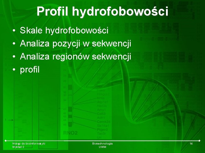 Profil hydrofobowości • • Skale hydrofobowości Analiza pozycji w sekwencji Analiza regionów sekwencji profil