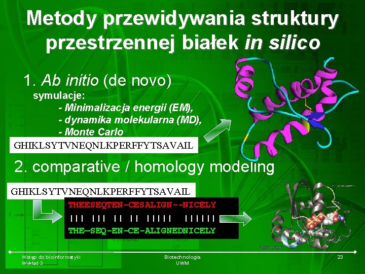 Metody przewidywania struktury przestrzennej białek in silico 1. Ab initio (de novo) symulacje: -